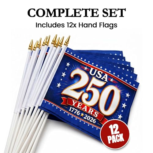 250th Anniversary USA Map Mini Flags 12 Pack Royal Blue & Red 5x8in - Hand Held Parade Flags