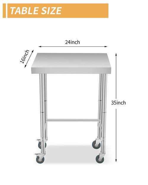 16"x24" Stainless Steel Table, 300LBS Open Base Table, NSF Commercial Metal Prep Table with Lockable Wheels, Single Tier Utility Workbench for Kitchen Garage Workshop Laundry, Heavy Duty