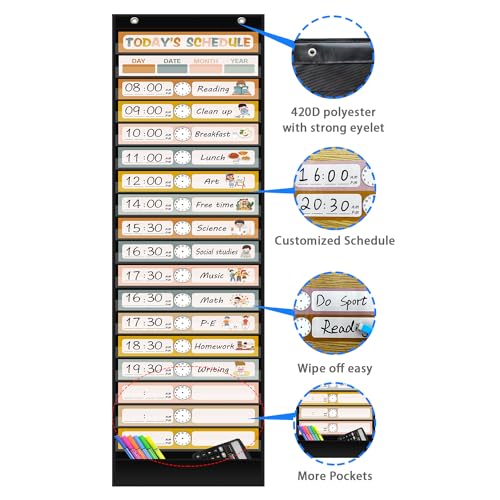 REGELETO Boho 18+1 Pockets Daily Schedule Pocket Chart - Black, Classroom Organizer