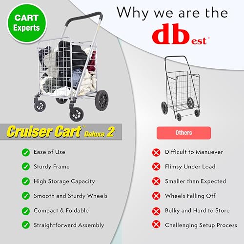 dbest products Cruiser Cart Deluxe 2 - Foldable Shopping Cart with Wheels for Groceries - Heavy Duty Utility Cart with Brake System - Collapsible Laundry Cart - USA Designed - Holds 100 lbs - Silver