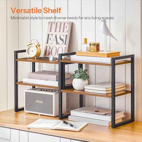 HOOBRO Desk Shelf Organizer, Adjustable Desktop Bookshelf, 2-Tier Shelf for Top of Desk, Wooden Office Storage Rack, for Office, Study, Kitchen, Dorm, Rustic Brown and Black BF39SJ01
