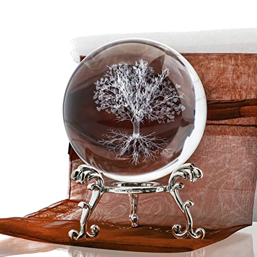 60mm Tree of Life Crystal Ball with Stand - 3D Laser Engraved Decor Gift
