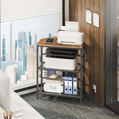 Corner Printer Stand with Charging Station, 3-Tier Large Printer Table with Adjustable Feet, Metal Frame Storage Shelf for Office, Living Room, Small Space, Rustic Brown PTHR14E01