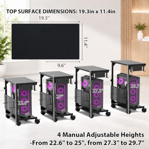 TFK Adjustable Computer Tower Stand with Charging Station & Pegboard - Medium / Black