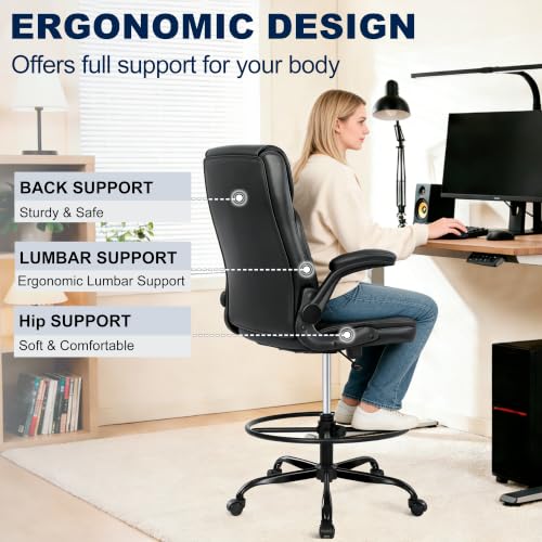 Misolant Black Drafting Chair with Footrest Ring for Standing Desks, Adjustable Height Ergonomic Office Stool