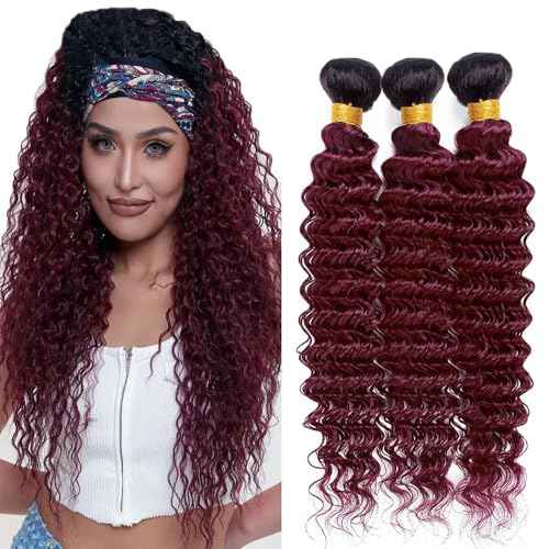 24 26 28 inch 1b99j Burgundy Bundles Human Hair Burgundy Deep Wave Bundles Double Weft Human Hair Bundles Two Tone Black To Wine Red Deep Wave Unprocessed Brazilian Hair Extensions