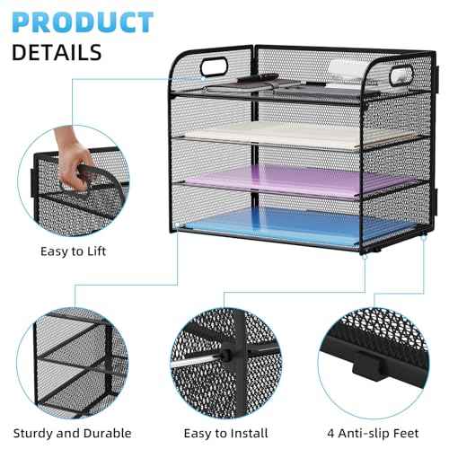 Marbrasse 4 Tier Paper Organizer Letter Tray - Mesh Desk File Organizer with Handle, Paper Sorter Organizer for Letter/A4 Office File Folder Holder (Black, 12.6" x 9.1" x 10.7")