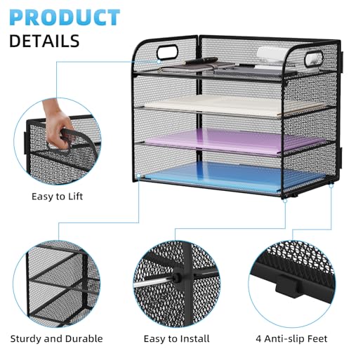 Marbrasse 4-Tier Mesh Letter Tray Desk Organizer with Handle, Black, 12.6 x 9.1 x 9.1 inches