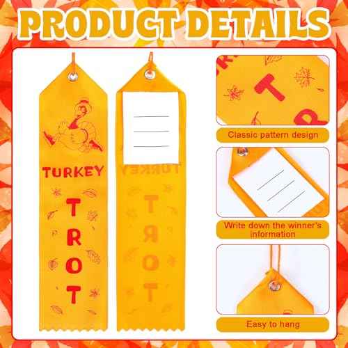 100 Pcs Thanksgiving Turkey Trot Award Ribbons Bulk 2 x 8 Inch Thanksgiving Turkey Medal Ribbons with Card and String Thanksgiving Turkey Race Prizes Ribbons for Tournament Party Family