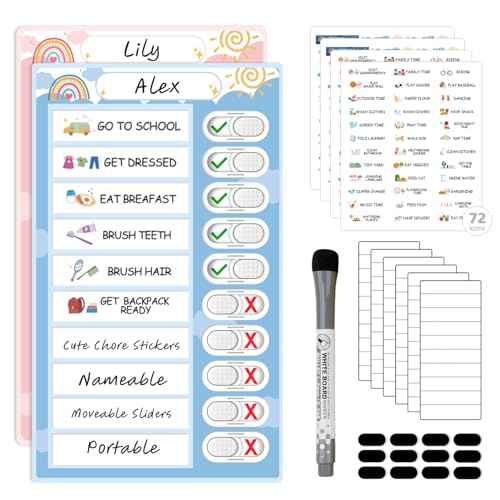 2 in 1 Namable Chore Chart - Dry Erase Morning/Bedtime Routine Chart for Kids - Magnetic Visual Schedule for Toddlers to Do List Checklist for Multiple Kids