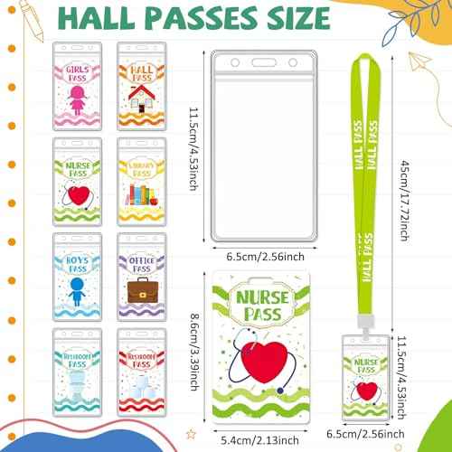 Ctosree 8 Sets Unbreakable Hall Pass Lanyards and School Passes Set with Clear Protection Case Cute Classroom Supplies for Classroom Elementary Middle School Restroom Library Office