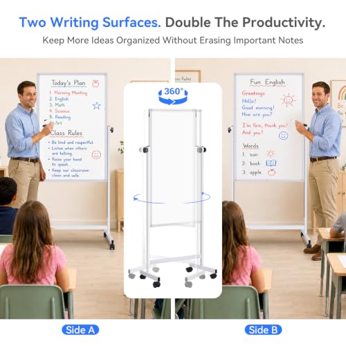 Maxtek White Magnetic Whiteboard on Wheels 44x28in Silver Adjustable Height