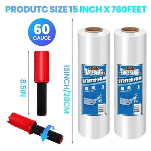 TAPEBEAR Stretch Wrap Film 15" x 760Ft Shrink Wrap Roll with Handles, Industrial Strength Clear Plastic Wrap Self-Adhering for Furniture Moving, Luggage Packing, Pallet Wrap, 60 Gauge, 2Rolls