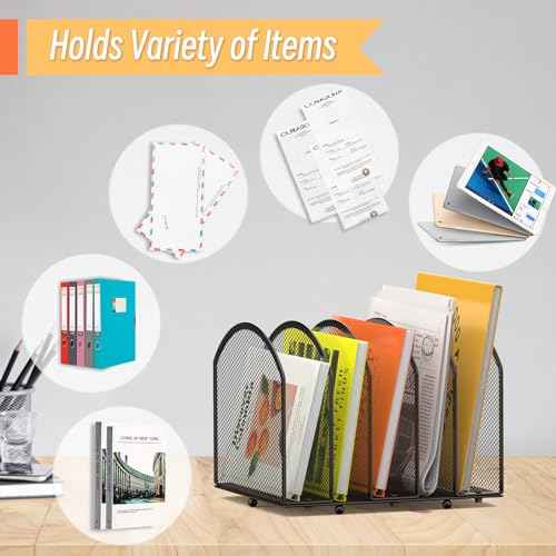 Desk File Organizer 5 Sections Desktop Organizer File Mail Sorter Office Organization File Folder Holder for Office School & Classroom (Black, 5 Section - 2Pack)