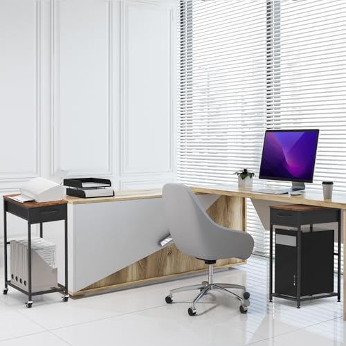 Computer Tower Stand PC Tower Stand with Storage Drawer 2 Tier Wood Rolling CPU Holder Stand Mobile Printer Cart on Wheels for Home Office, Industiral Brown and Black