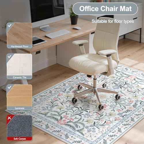 Anidaroel Office Chair Mat for Hardwood Floor/Tile Floor, 48"x60" Boho Floral Computer Chair Mats, Anti-Slip Beige Under Desk Rug for Office Home, Low Pile Floor Protector for Rolling Chair
