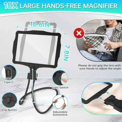 Large 10X Magnifying Glass with Light, Hands Free Magnifying Glass for Reading, Full Book Page Magnifier with 50 LED Lights, Flexible Gooseneck Magnifiers for Seniors Low Vision (Black)