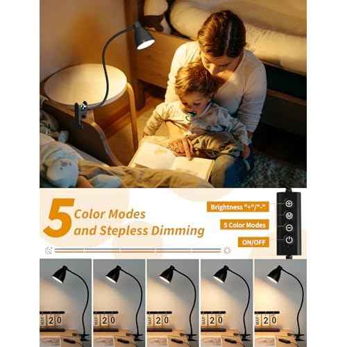 BOHON Desk Lamp 5 Color Modes 10 Brightness Dimmer Reading Light 10W 38 LED Clamp Lamp with Auto Off Timer 360¡Æ Flexible Gooseneck Clip on Light for Bed Bedside, AC Adapter Include