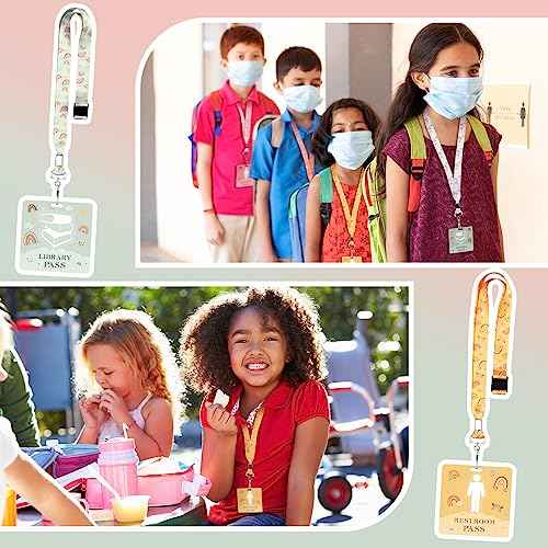 Kosiz 6 Sets PVC Boho Hall Pass Lanyards and School Passes Set Include 6 Pcs Unbreakable PVC Classroom Passes 6 Pcs Neck Lanyard for Teacher Must Have Student Nurse Office Classroom Supplies Reusable