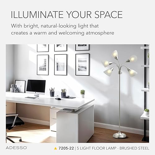 Adesso Floor Lamp with 5 Movable Shades & Adjustable Brightness ? Perfect Lighting for Bedroom Decor, Beauty & Art Studio, Silver