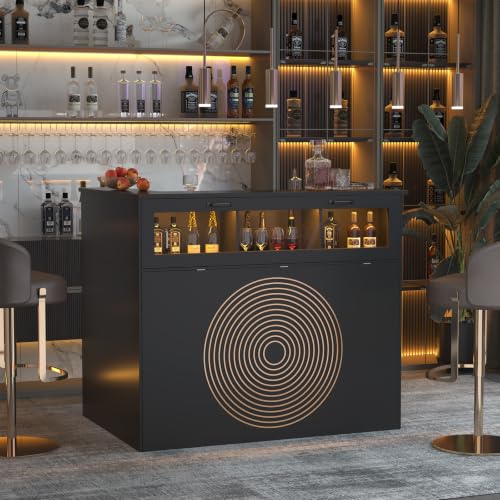 HIMcup Black Reception Desk with Outlet, LED Lights & Glass Display – L-Shaped Corner Counter