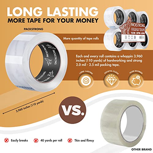 Packstrong Heavy Duty Packing Tape 3" x 2 Mil Thick, 6 Rolls, 110 Yards Each