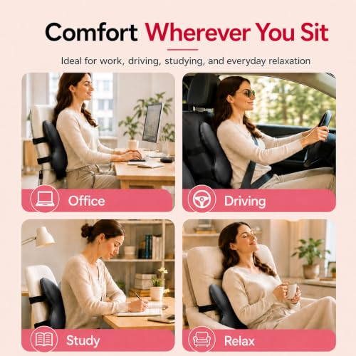 FoKon Memory Foam Lumbar Support Pillow - Black, Ergonomic Back Cushion for Office, Desk, Gaming Chair & Car