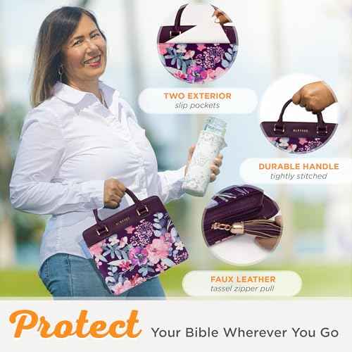 Christian Art Gifts Women's Fashion Bible Cover Purse Style Blessed, Purple Floral Faux Leather, Large