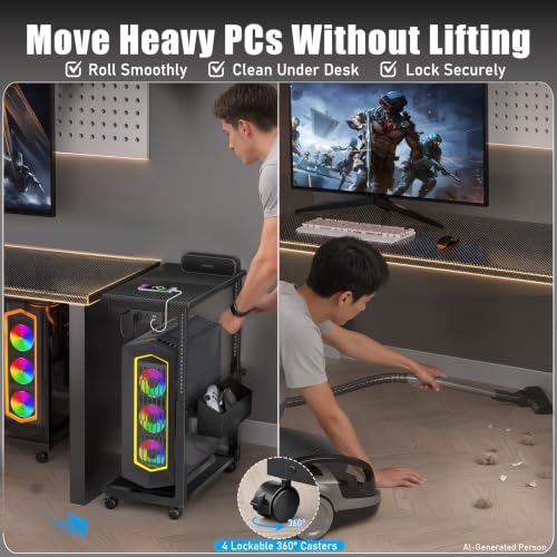 Adjustable Computer Tower Stand, 18.1–31.5 in, 120 lb Capacity with 5-in-1 Power Strip