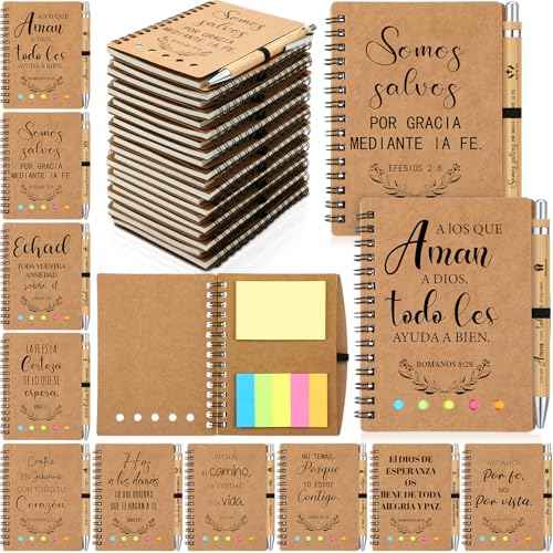 20 Set Spanish Christian Gifts Bulk Religious Notebooks with Bible Verse Pen, Inspirational Spiral Prayer Journal Notepad and Pen Set Church Gifts for Women Men Family Sunday School Church (Kraft)