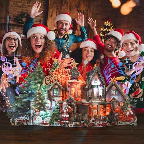 Pop Up Christmas Card, 3D Animated House Design, Jumbo Paper Xmas Giant Greeting Card with Music & Lights, Musical Christmas Gifts Card for Friends Family-Accordion Fold Xmas Villa