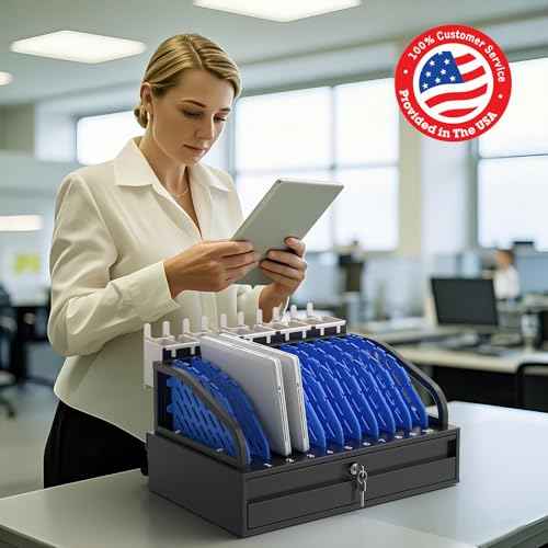 10-Device Open Charging Station for Chromebooks & Tablets - Heavy-Duty Steel Rack with Lockable Storage Drawer, Multi-Device Charging Organizer for School, Office, Hospital
