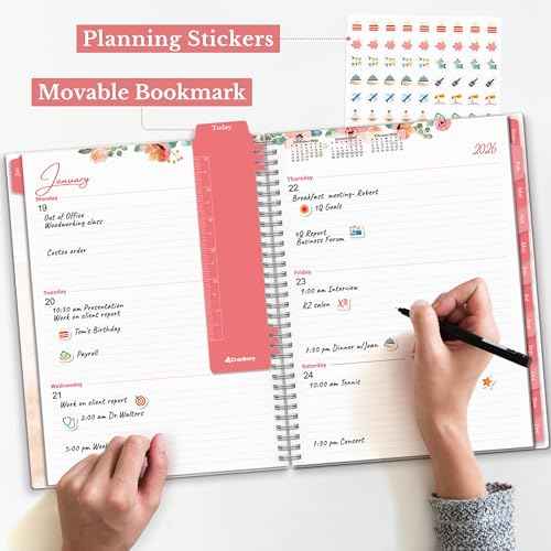 CRANBURY Large Planner 2026, 8.5x11 Weekly Monthly Calendar Agenda, Jan to Dec 2026 Daily Organizer, Floral Theme, Spiral Bound Planner with Tabs, Bookmark, Stickers, Lays Flat