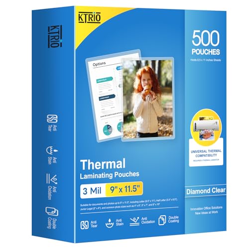 KTRIO 500 Pack Laminating Sheets, Hold 8.5 x 11 Inches, 3 MIL Thermal Laminating Pouches, 9 x 11.5 Laminate Sheets for Laminator, Clear Lamination Sheet Paper, Letter Size, Office School Home Supplies