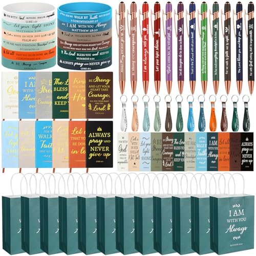 Zhanmai 72 Pcs Christian Gifts Bulk Gifts for Christian Women Faith Based Inspirational Gift for Women Include Bible Verse Paper Bags Ballpoint Pens Notebook Bookmark Inspirational Bracelet Keychain