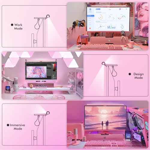 Quntis Pink Monitor Light Bar with Remote, Eye-Care No Glare, Space Saving Computer Desk Lamp As Gifts for Girls, Stepless Dimming, Modern Aesthetic Desk Light Bar for Home Office Gaming Reading