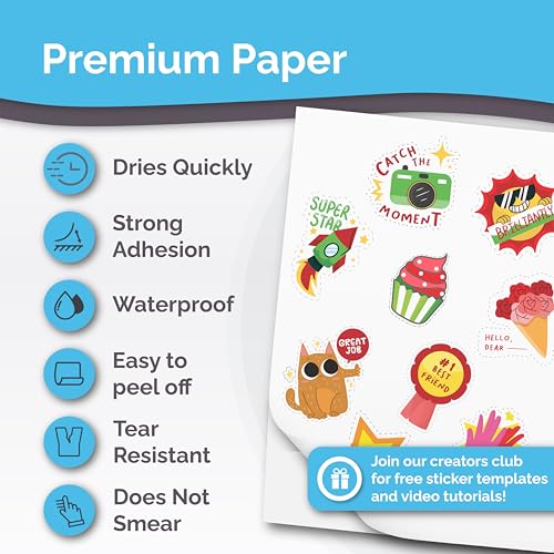 Premium Printable Vinyl Sticker Paper for Inkjet & Laser Printer - 56 Sheets - Glossy White - Self-Adhesive Waterproof Sheets - Dries Quickly & Vivid Colors - Holds Ink Well - Tear Resistant