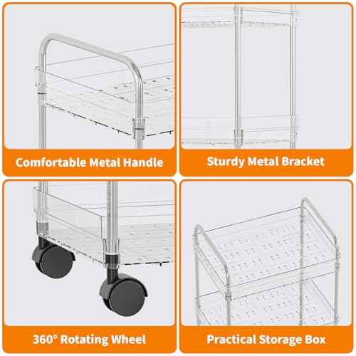 Yieach 4 Tier Acrylic Clear Rolling Cart with Wheels,Plastic Storage Cart on Wheels for Bedside,Dorm Room,Bathroom Organizers and Storage Shelf,Utility Cart Organizer for Snack,Craft,Art,Makeup,Baby