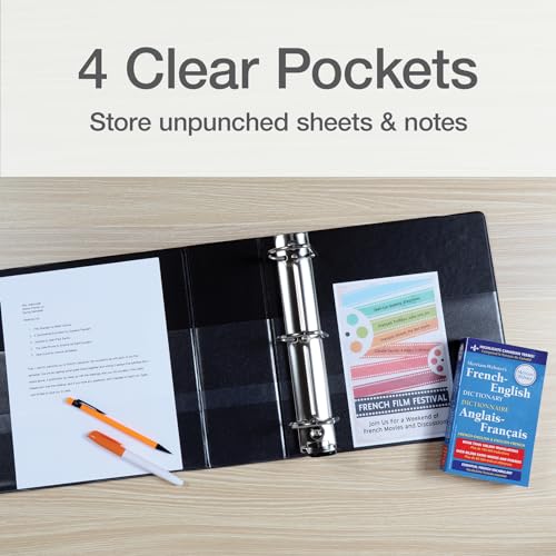 Oxford 3 Ring Binders, Binders for School and Office, Durable 4 Inch, ONE-Touch Easy Open D Rings, View Binder Covers, 4 Interior Pockets, PVC-Free, Holds 880 Sheets, Black, 2 Pack (79920)
