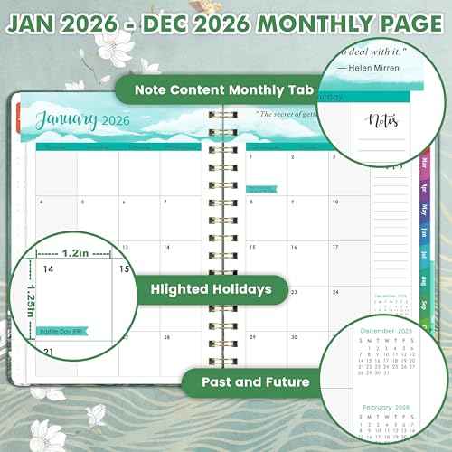 2026 Planner - JAN. 2026 - DEC. 2026, 2026 Planner Weekly and Monthly, 2026 Calendar Planner, Weekly and Monthly Planner with Colorful Tabs, Premium Paper, Twin-wire Binding - Hardcover (6.4" x 8.5", Green, Back Pocket)