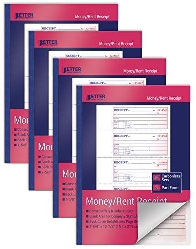 Cash Receipt Book 4-Pack, 2-Part Carbonless, 7-5/8 x 10-7/8 in – White/Canary, Large Money & Rent Receipts
