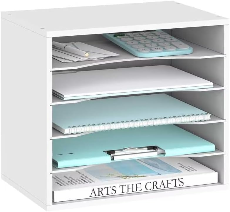 SUPEASY Wood Desk Organizer - 5-Tier Paper File Sorter for Office & Home | Elegant White Design