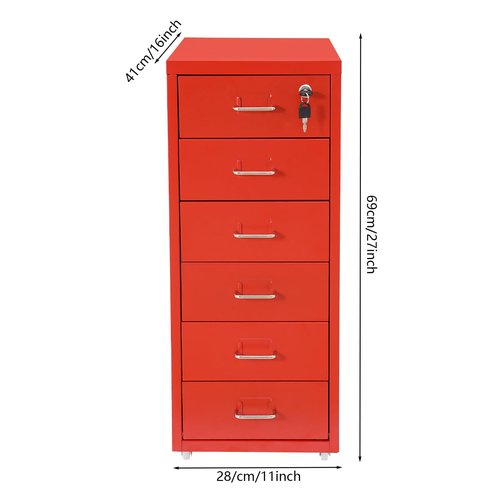 HZOPUTLH 6 Drawer Vertical File Cabinet with Lock, Freestanding Filing Metal Drawers Organizer with 4 Wheels, Movable Under Desk Cabinet Vertical File Storage for Home Office (Red)