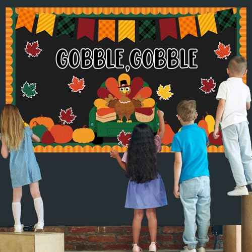 Qyeahkj Thanksgiving Turkey Bulletin Board Set Gobble Gobble Pumpkin Classroom Decorations Fall Thanksgiving Happy Turkey Day Paper Cutouts for Classroom School Home Chalkboard Wall Door Supplies