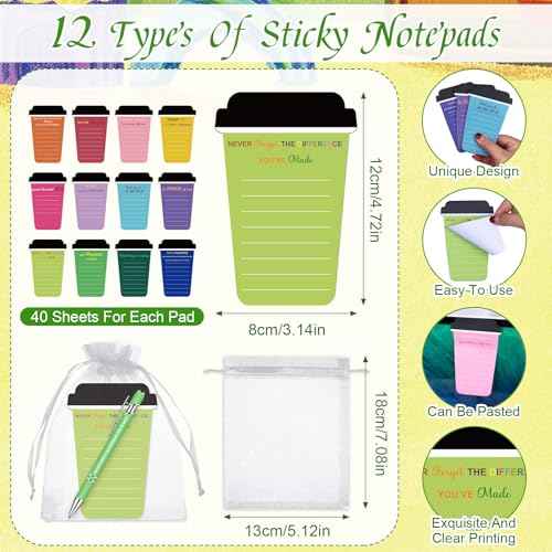 108 Pcs Coffee Cup Notepad Inspirational Sticky Notes with Pen Funny Motivational Sticky Appreciation Sticky Note CNA Week Thank You Graduation Gifts for Teacher Coworker Staff Office School