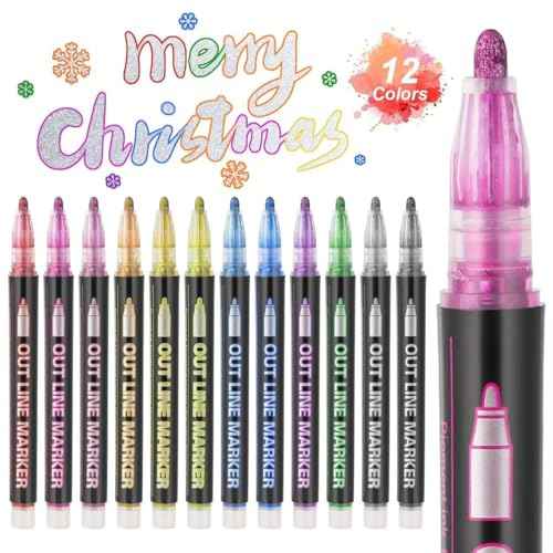 12 Colors Outline Markers, Double Line Shimmer Marker Pens for Christmas Greeting Cards, Scrapbook Crafts, Doodling, DIY Art Crafts, Easter Egg, Metal, Ceramic, Glass, Christmas Decor