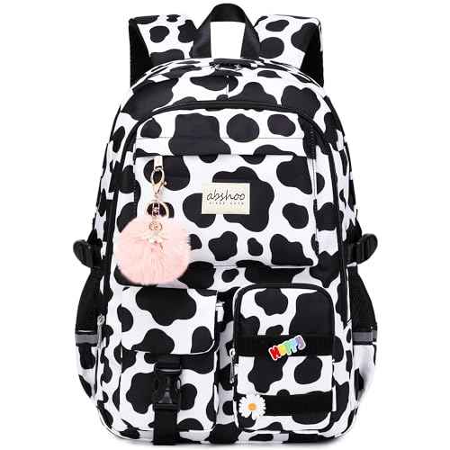 abshoo Big Student Laptop Backpack For College Women Middle High School Teen Girls Bookbag Travel Daypack (Cow Print Black)