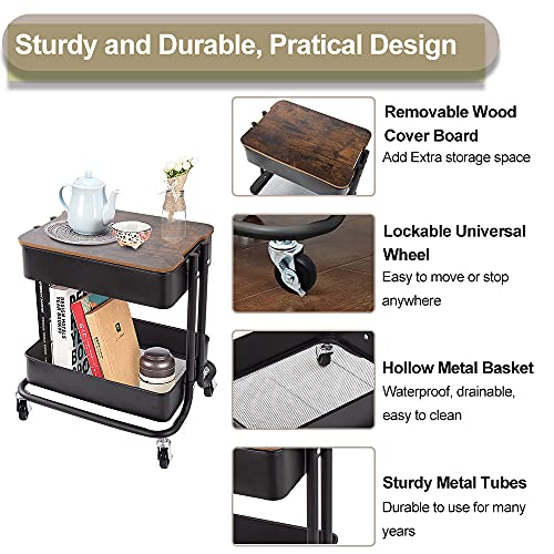 Melody House 2-Tier Metal Utility Rolling Cart Storage Organizer with Cover Board Mobile Trolley Sofa Side Table with Wheels for Office Home Kitchen Organization Black