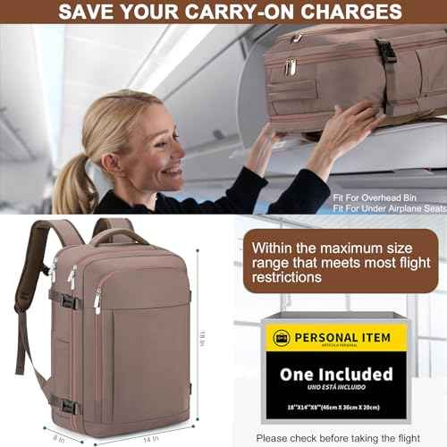 RDTGO Travel Backpack For Women, 40L Carry-On Backpack, Airline Approved Personal Item Bag, Waterproof Laptop Backpack with Large Duffel, Casual Daypack for Buisness Gym Weekend Hiking (Brown)