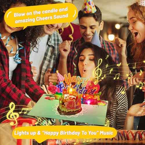 3D Pop Up Birthday Card with Blow-Out Candle, Music & LED Lights ? Interactive Birthday Greeting Card with Cake and Flowers ? Unique Gift for Women, Men, Kids, Mom, Dad, Friends